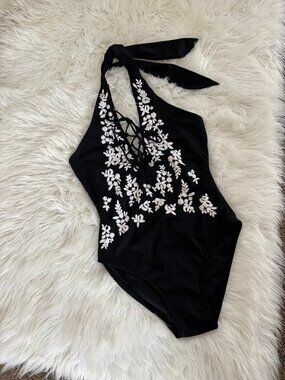 Amita Naithani Boston Proper Black w White Embroidery One Piece Bathing Suit M